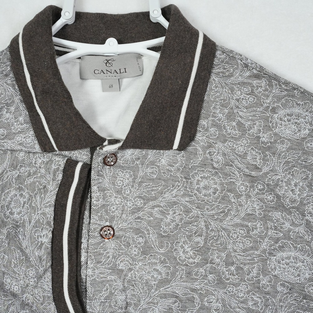 Canali 1934 Mens Grey Floral Paisley Fil-Coupe Cotton Polo Shirt Size 48 Italy